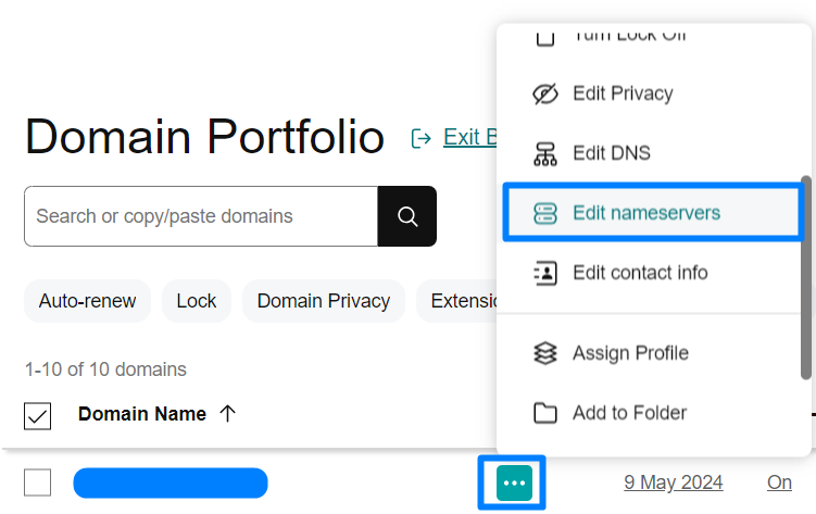 Edit nameservers in Domain Portfolio