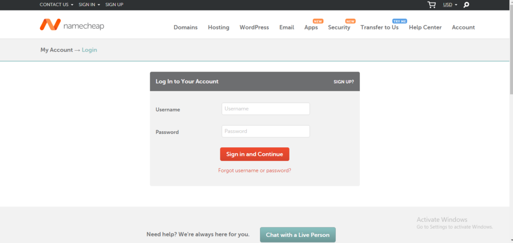 namecheap login page