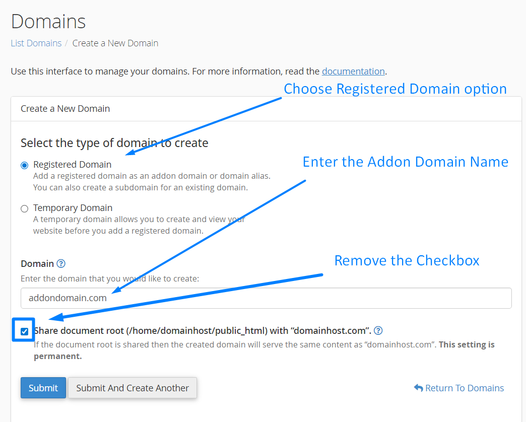 Addon Domain - Checkbox Remove