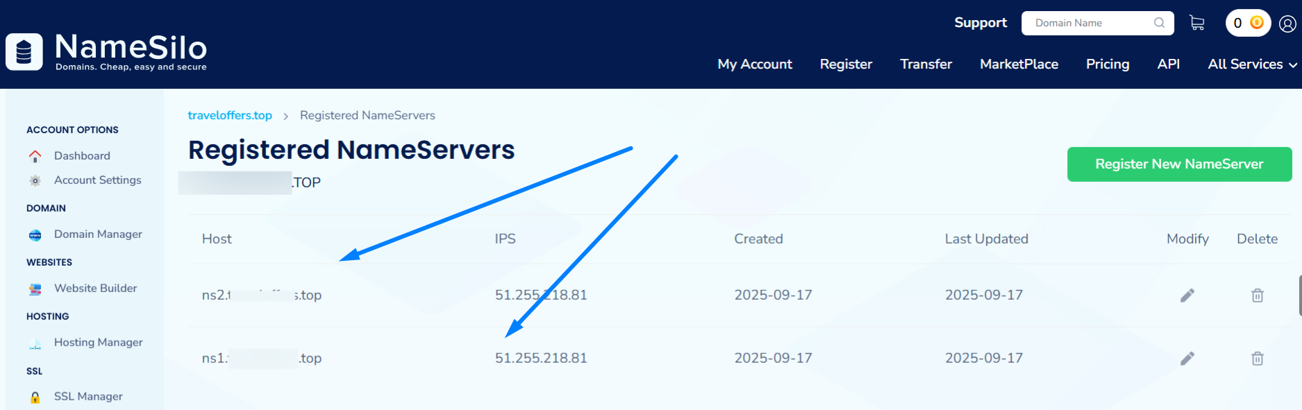 IP and Nameserver Details - Namesilo