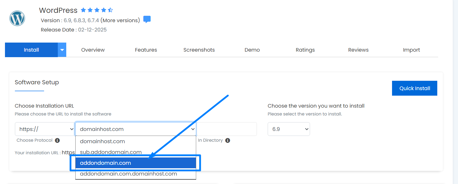 Install WordPress for Addon Domain