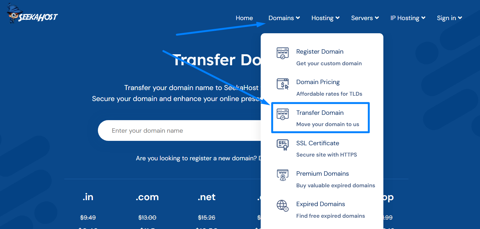 transfer domain page