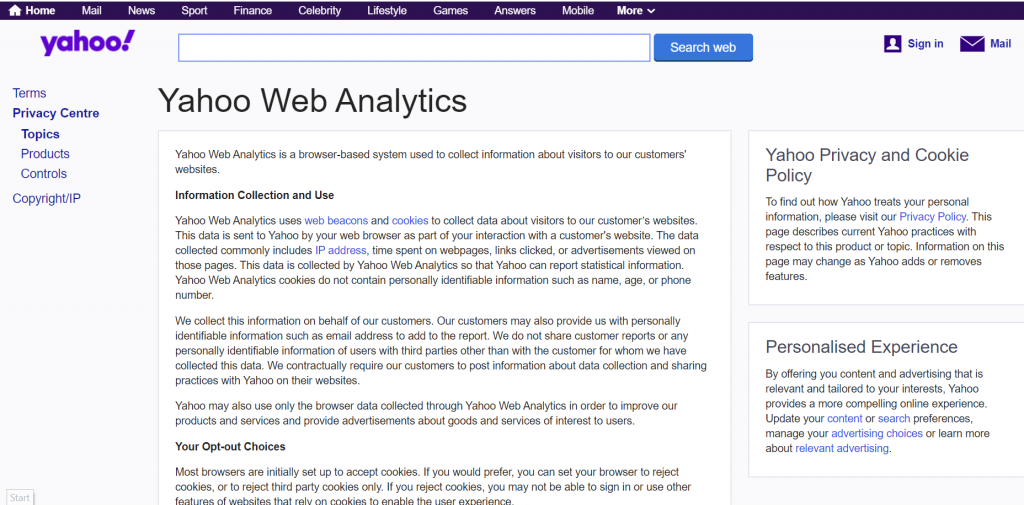 Yahoo web Analytics