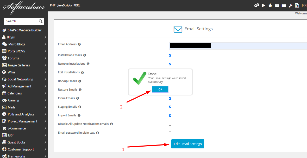 Softaculous save email settings