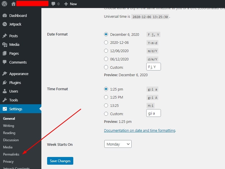 WordPress dashboard