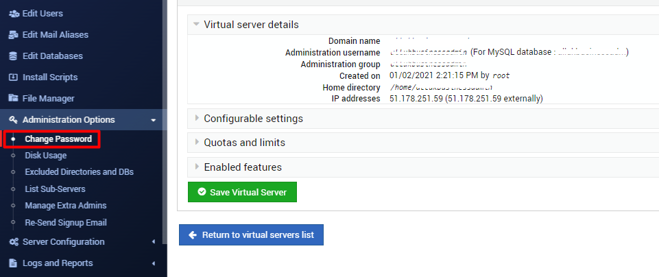 Admin Options in virtualmin