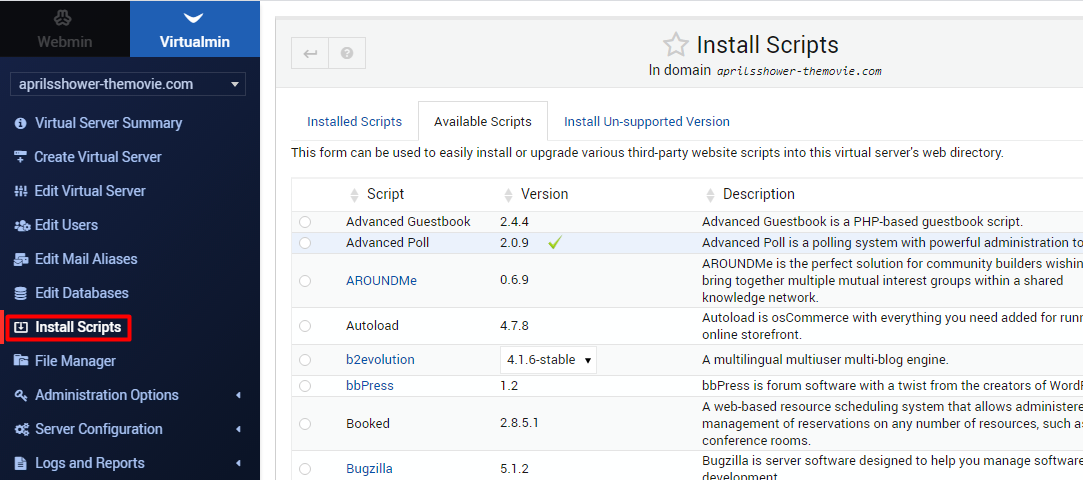 Scripts available on webmin
