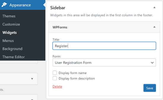 Custom registration forms in widgets