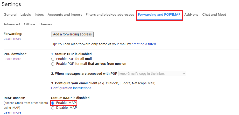 Gmail account settings - Enable Imap