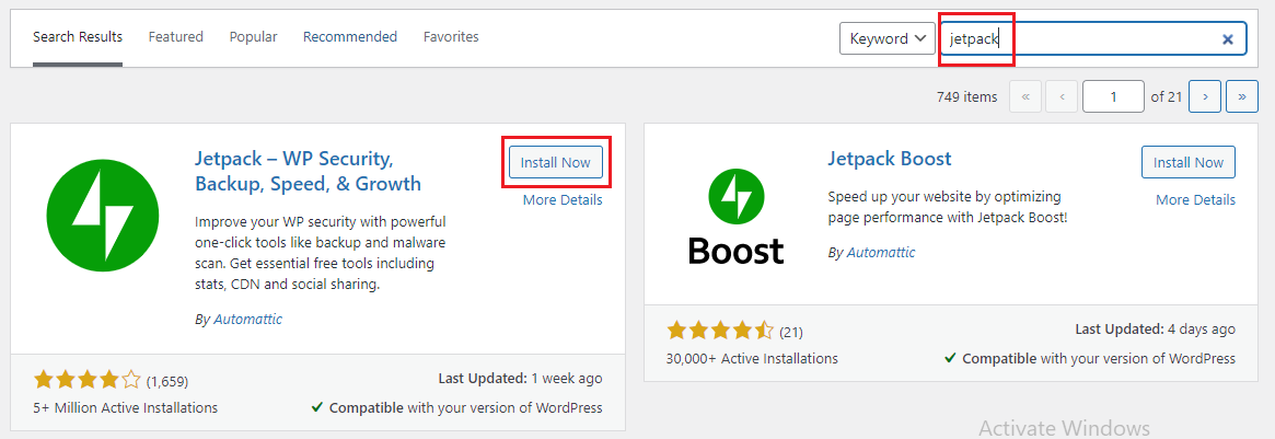 Install jetpack plugin