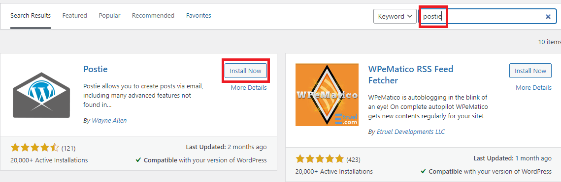 Install postie plugin