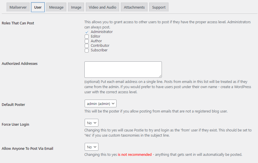 Postie user settings