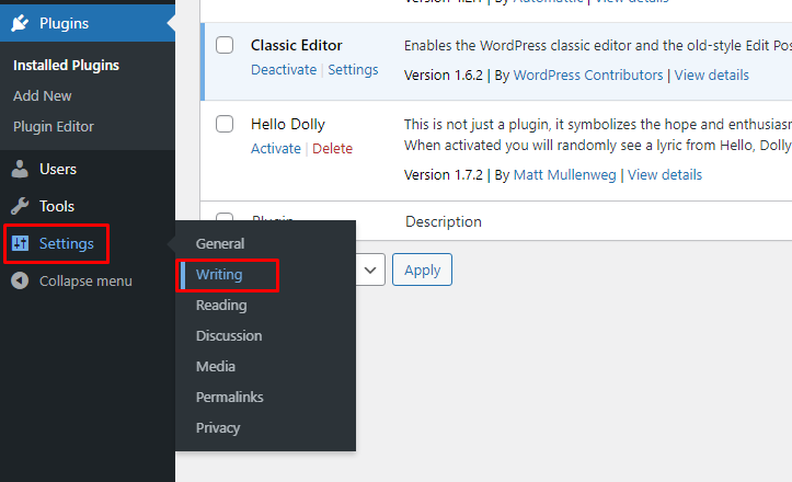 Dashboard Settings and select Writing
