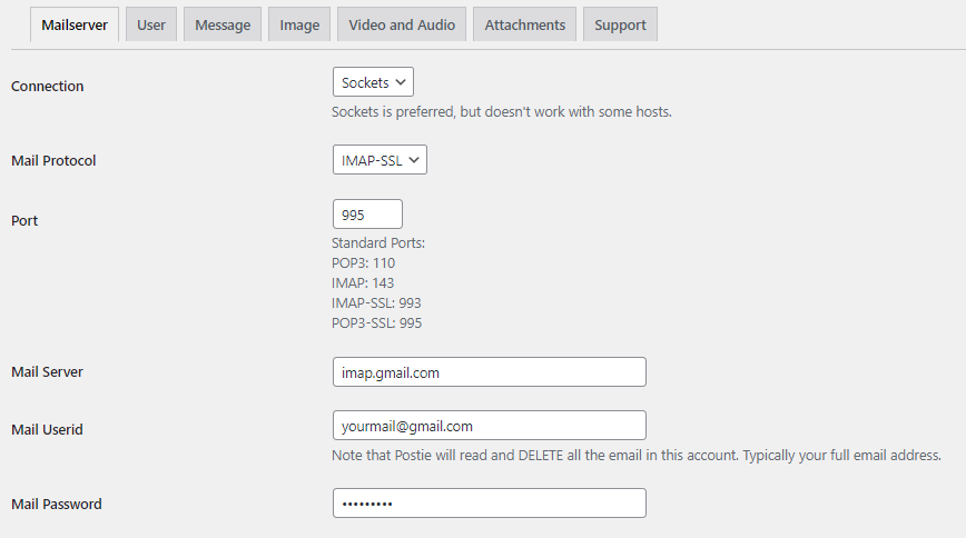 Enter mailserver details for Postie