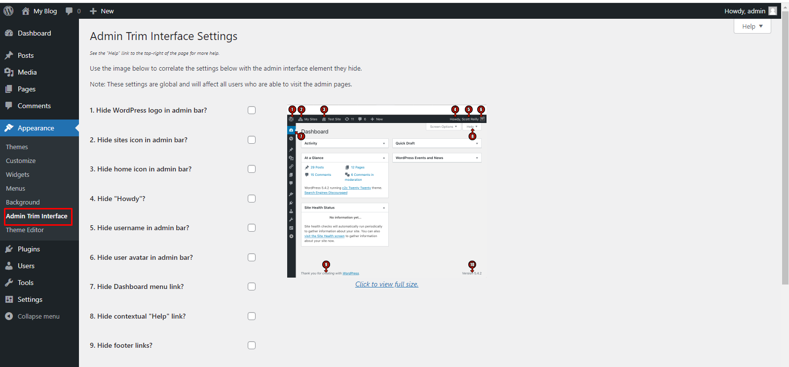 Admin Trim Interface settings