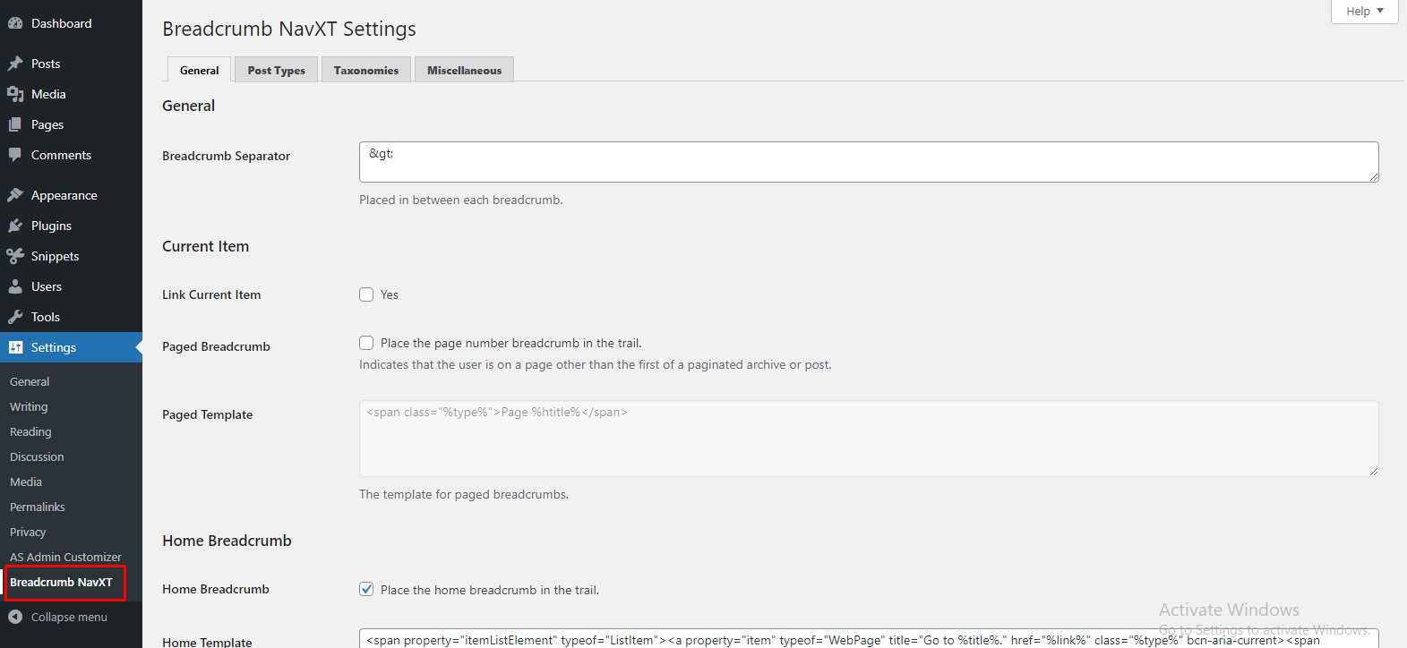 Setting to Display Breadcrumb