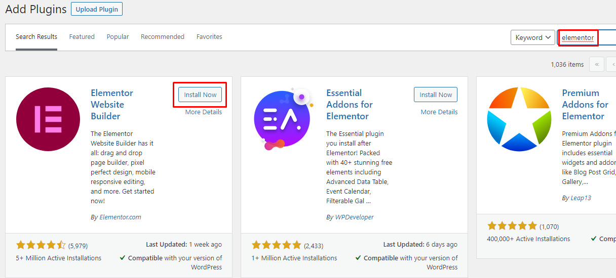 Install plugin elementor