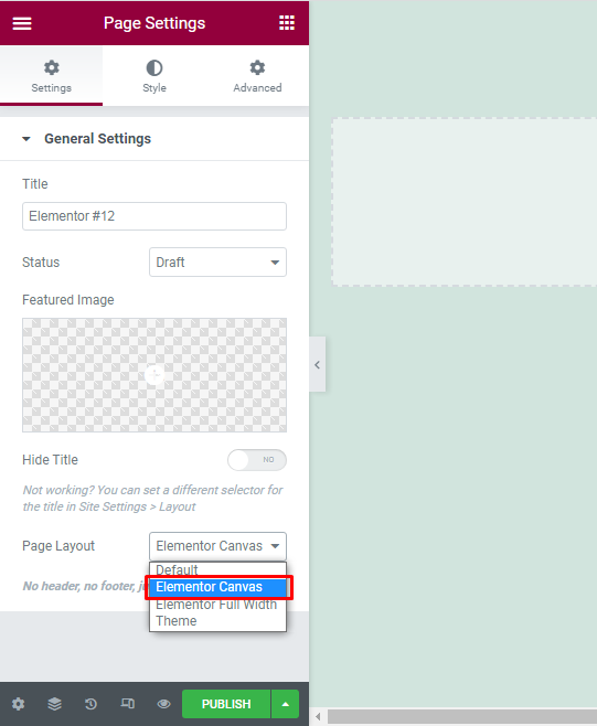 Select Elementor Canvas as page layout