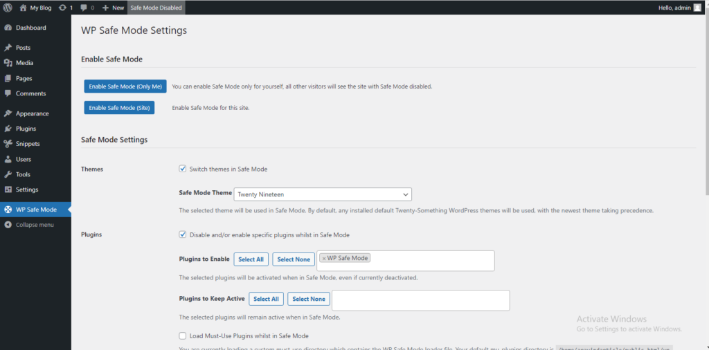 WP Safe Mode Settings