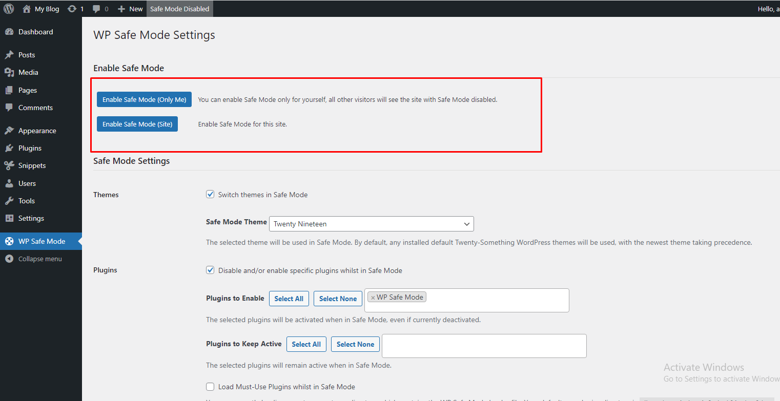 wordpress safe mode without plugin