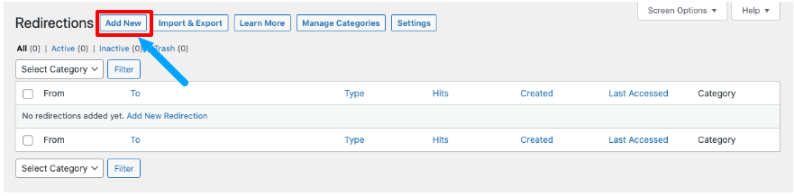 redirections tab