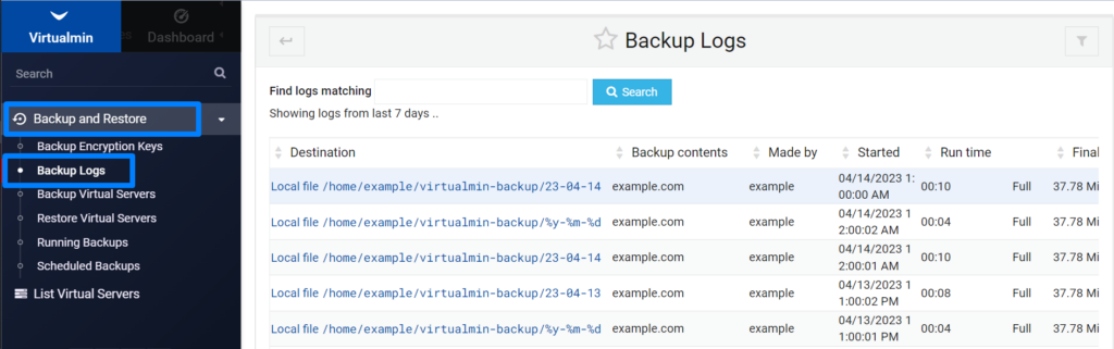 Backup logs