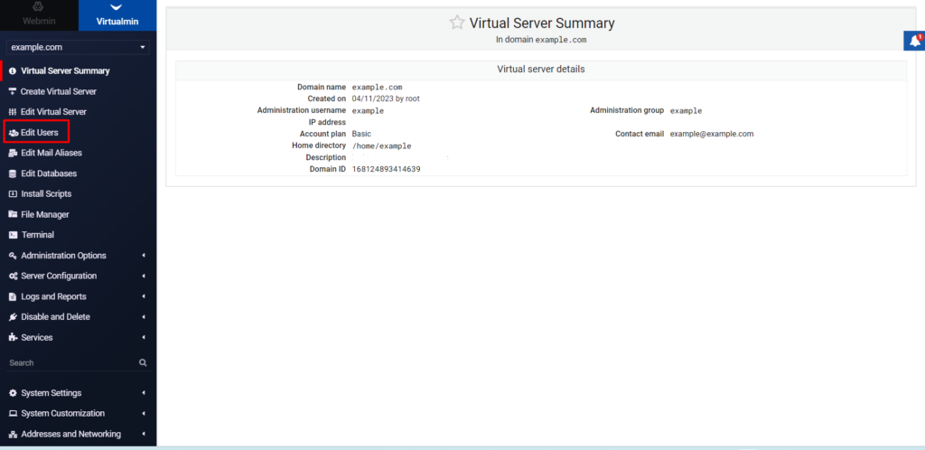 Creating and managing database in Virtualmin