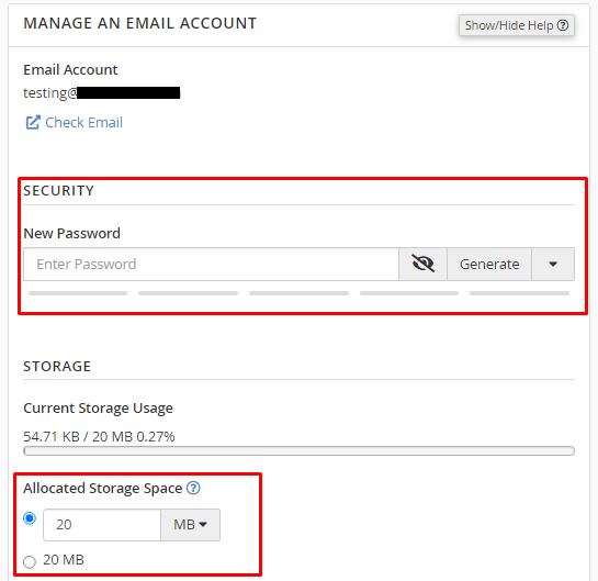 Password and quota change - email account