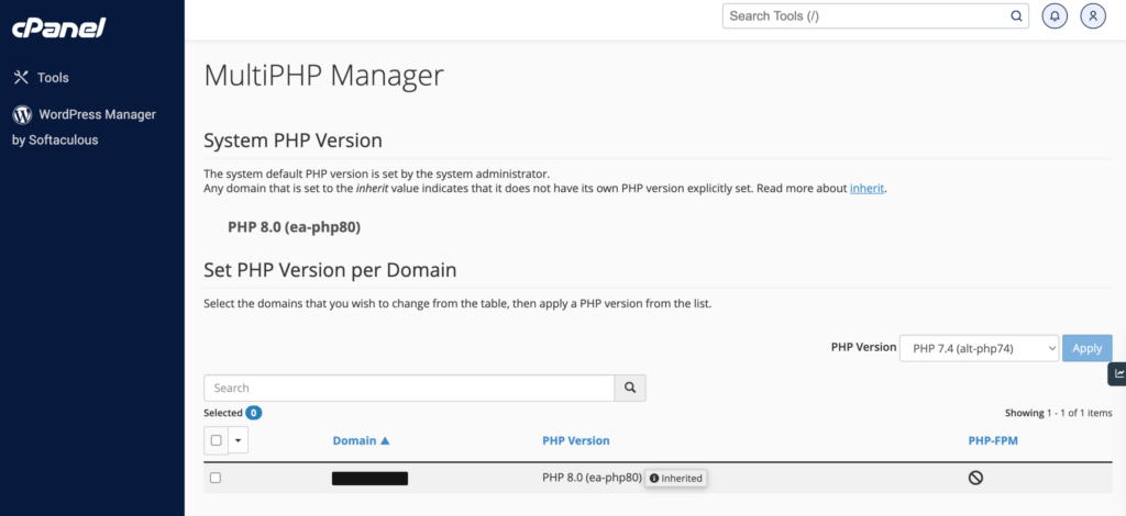 MultiPHP Manager in cPanel