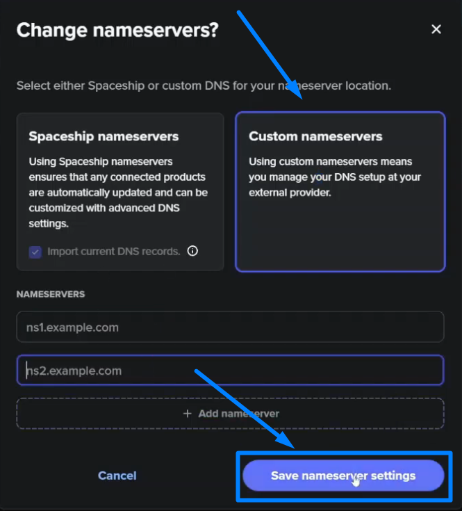Update Custom Nameservers - spaceship