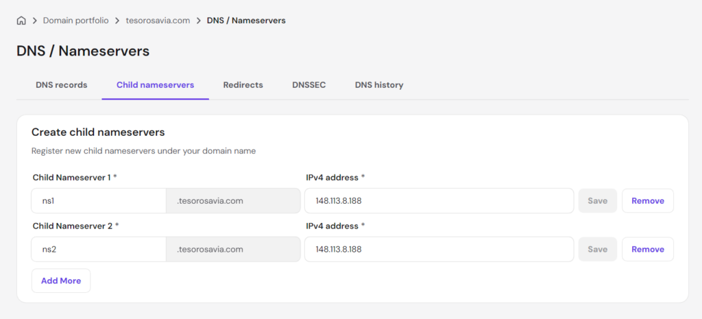 Hostinger child nameserver option