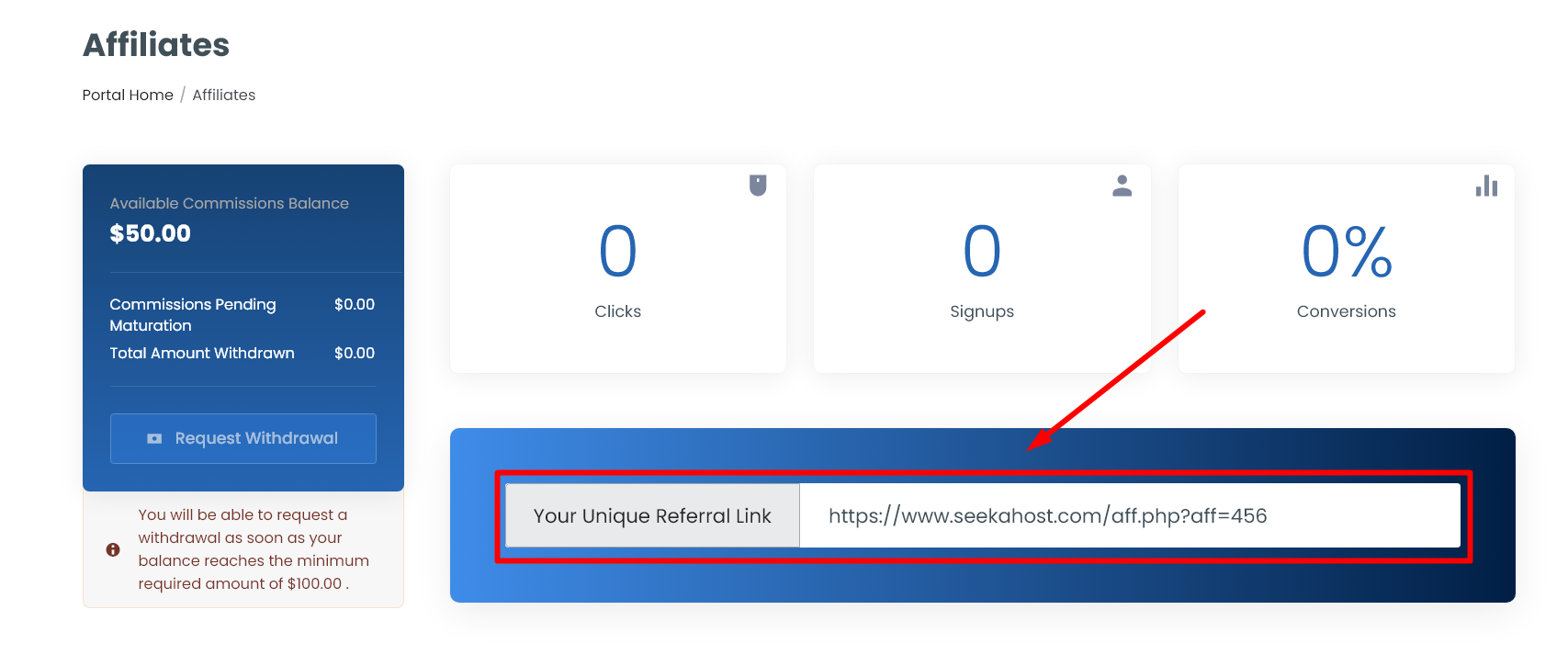 Referral Link For Affiliate - Client Area