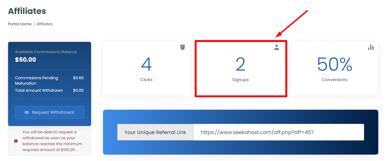 Referral Signup Affiliate - client Area