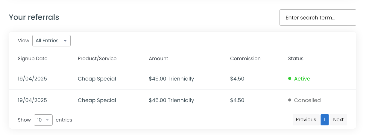 Referral Signup Invoice and Package Details - client Area