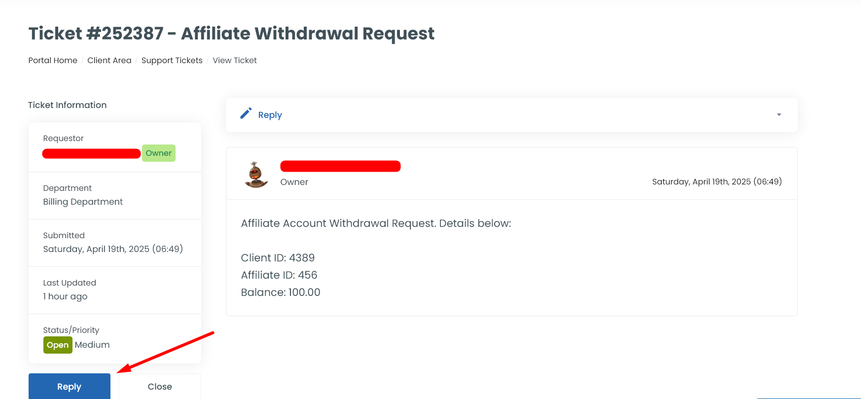 Ticket for Affiliate Withdrawal