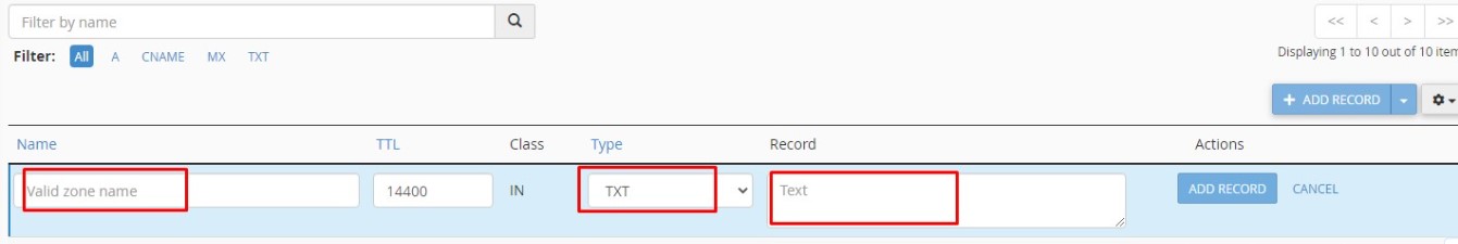 Add txt record value
