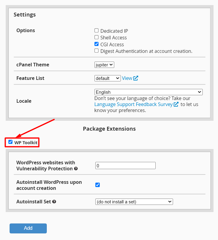 Additional Package Settings - WHM