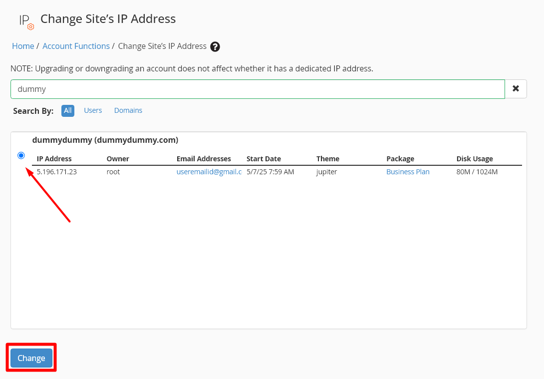 Change Site's IP Address - WHM