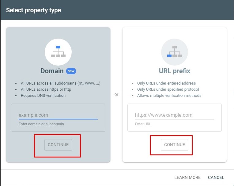 Enter domain name or URL prefix