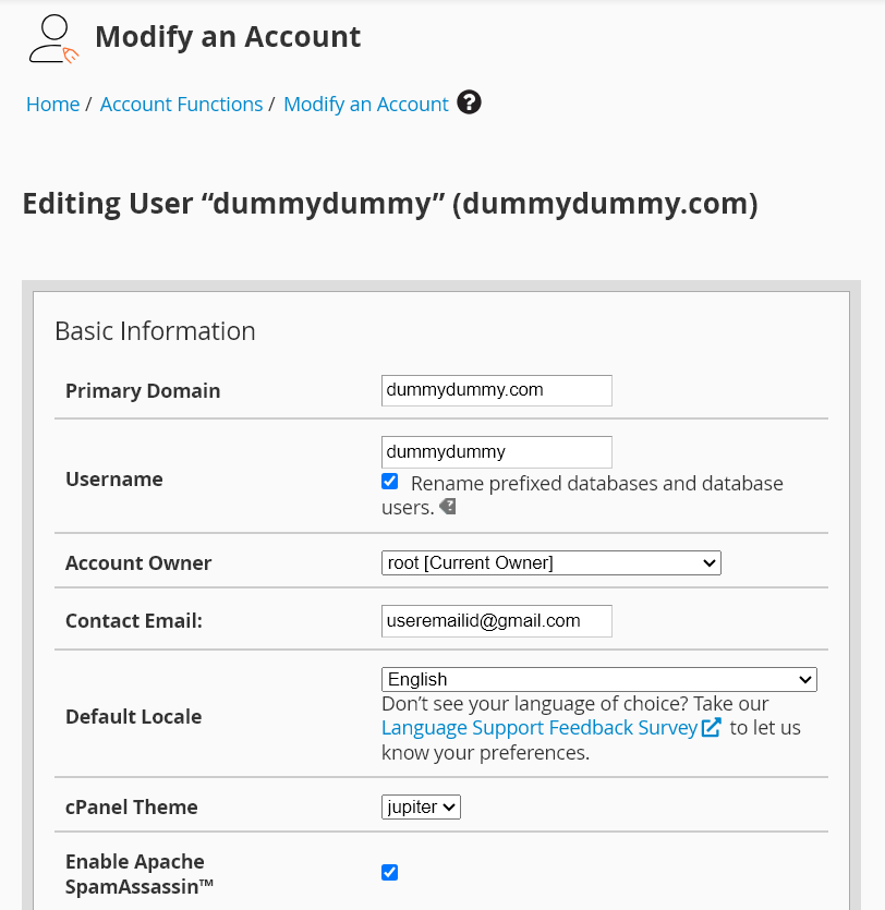 Modify an Account Details - WHM