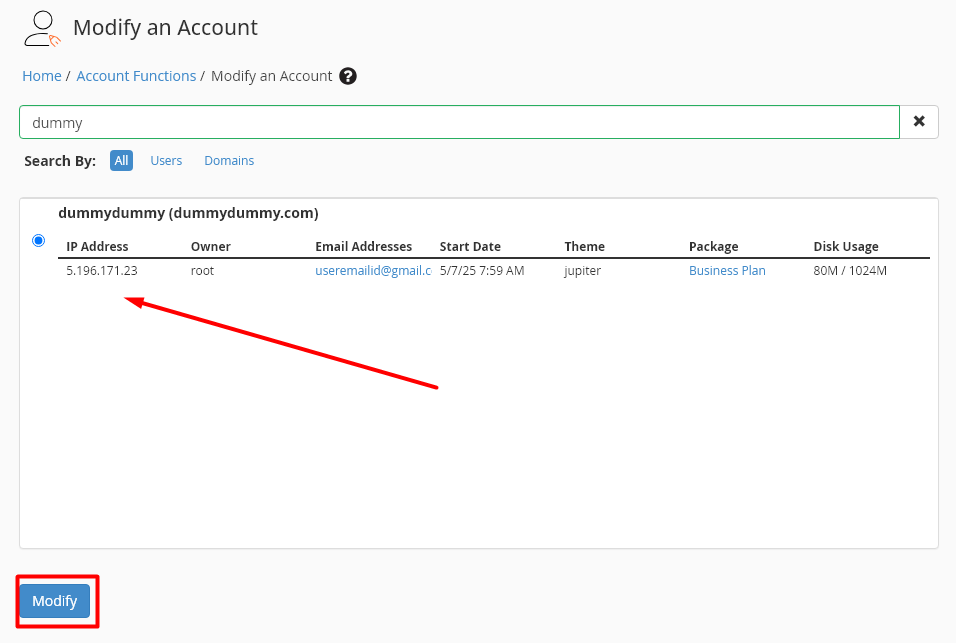 Modify an Account - WHM