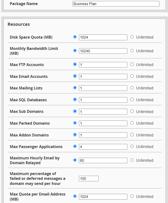 Set Package Resource - WHM