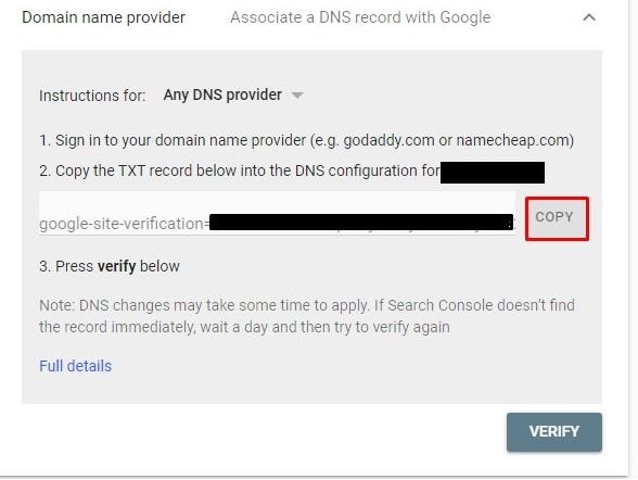 Txt record for Domain Name provider
