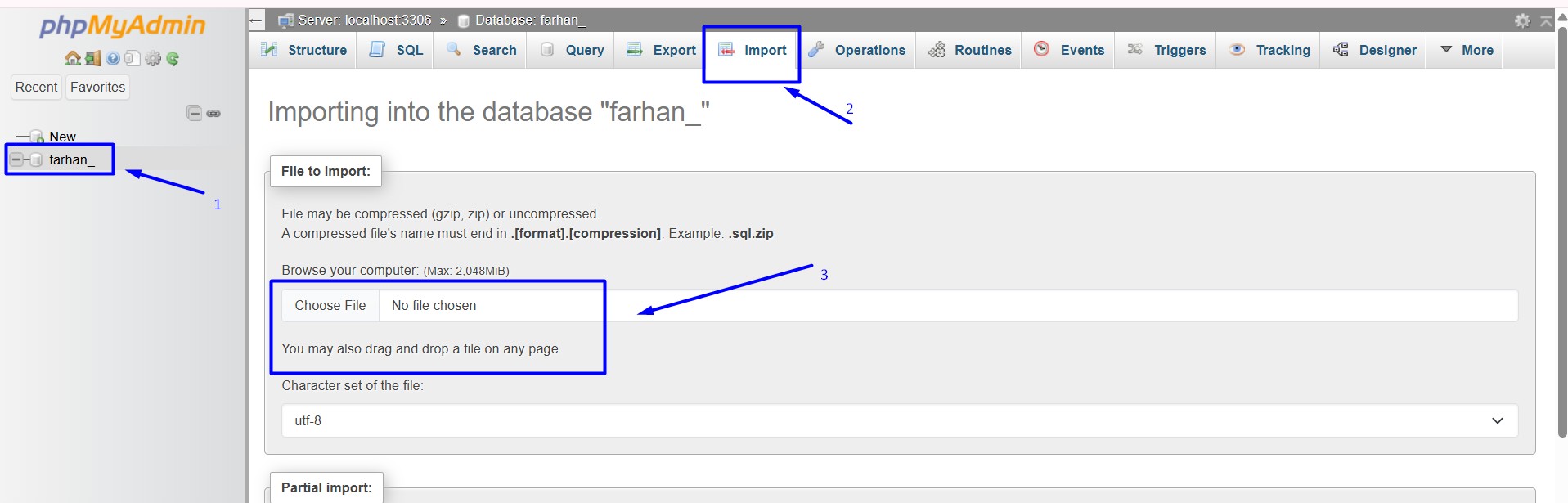 Click and upload database file