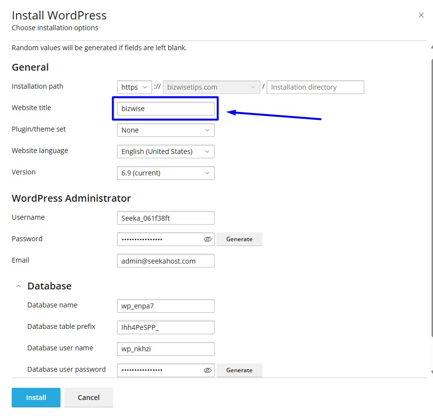 Fill the WordPress details