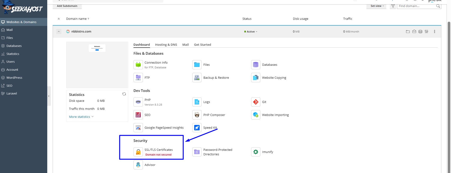 Under security tab click SSL