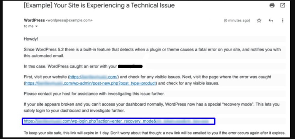 WordPress recovery mode link