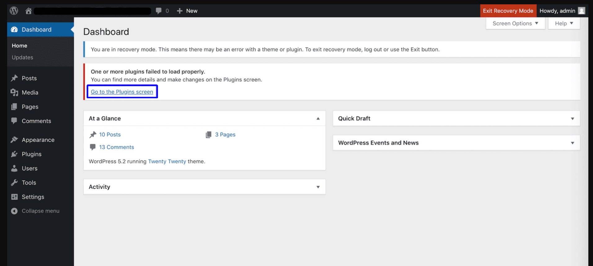 Wordpress recovery dashboard