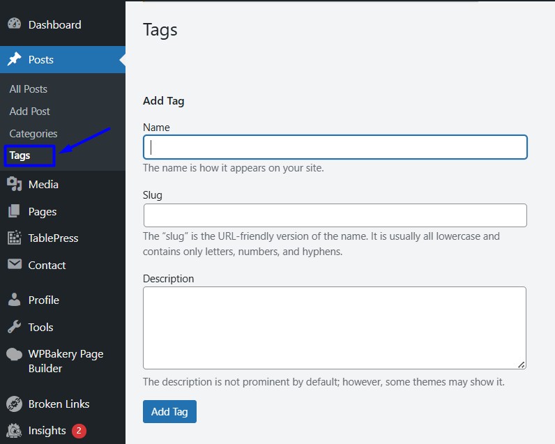 Click the Tags option