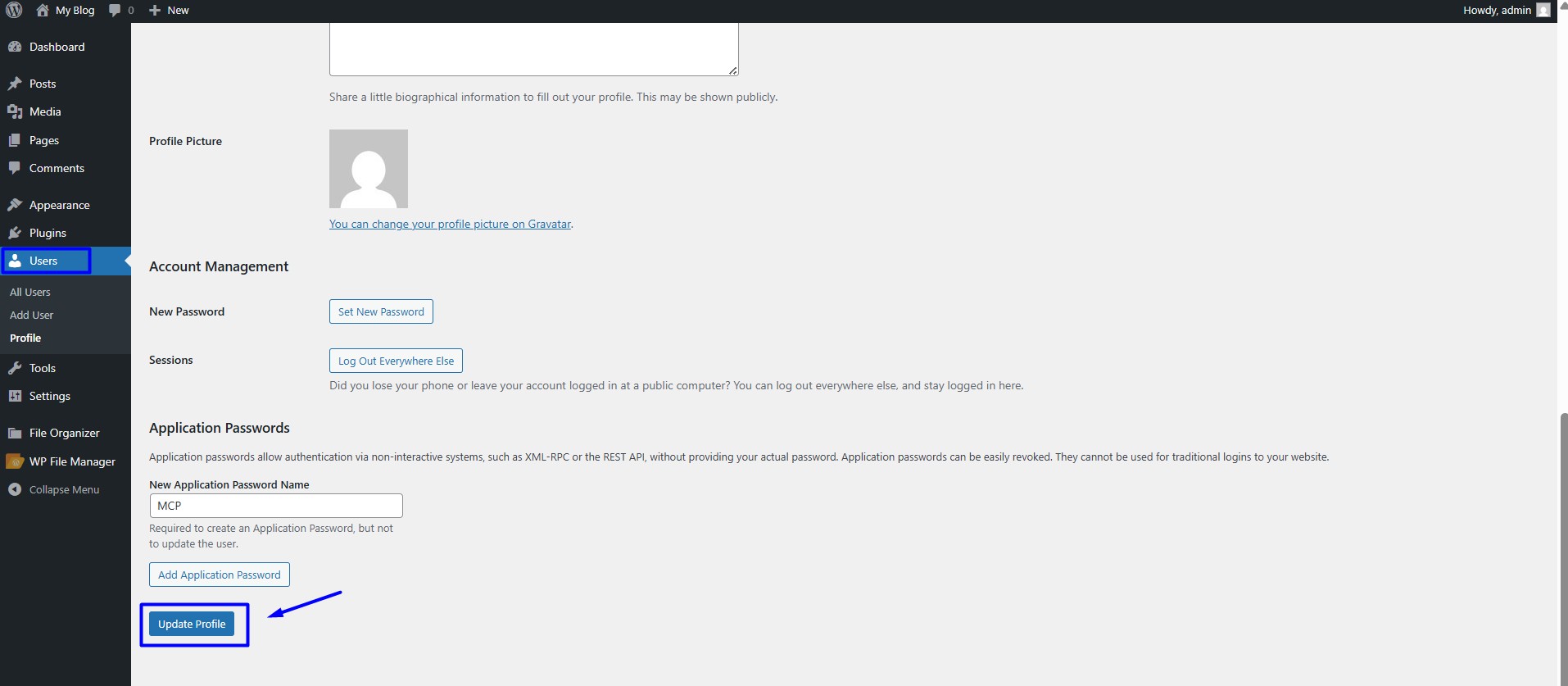 Update Application Password Name to create password